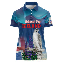 Personalized Iceland National Day Women Polo Shirt Gyrfalcon With Lupine Flower