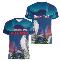 Personalized Iceland National Day Women V-Neck T-Shirt Gyrfalcon With Lupine Flower