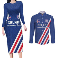 Custom Iceland Football Couples Matching Long Sleeve Bodycon Dress and Long Sleeve Button Shirt Strakarnir Okkar Celtic Pattern