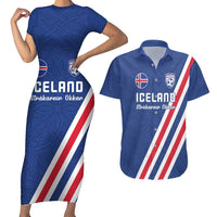 Custom Iceland Football Couples Matching Short Sleeve Bodycon Dress and Hawaiian Shirt Strakarnir Okkar Celtic Pattern
