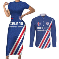 Custom Iceland Football Couples Matching Short Sleeve Bodycon Dress and Long Sleeve Button Shirt Strakarnir Okkar Celtic Pattern