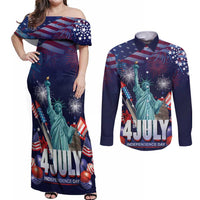 Personalized United States Independence Day Couples Matching Off Shoulder Maxi Dress and Long Sleeve Button Shirt Statue of Liberty for 4th of July
