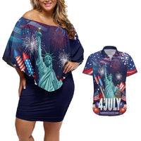 Personalized United States Independence Day Couples Matching Off Shoulder Short Dress and Hawaiian Shirt Statue of Liberty for 4th of July
