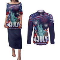 Personalized United States Independence Day Couples Matching Puletasi and Long Sleeve Button Shirt Statue of Liberty for 4th of July