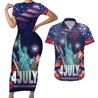 Personalized United States Independence Day Couples Matching Short Sleeve Bodycon Dress and Hawaiian Shirt Statue of Liberty for 4th of July