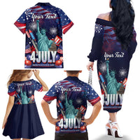 Personalized United States Independence Day Family Matching Off The Shoulder Long Sleeve Dress and Hawaiian Shirt Statue of Liberty for 4th of July
