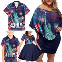 Personalized United States Independence Day Family Matching Off Shoulder Short Dress and Hawaiian Shirt Statue of Liberty for 4th of July