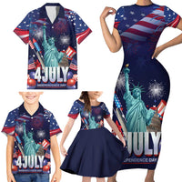 Personalized United States Independence Day Family Matching Short Sleeve Bodycon Dress and Hawaiian Shirt Statue of Liberty for 4th of July
