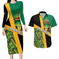 Jamaica Lion Rastafarian Couples Matching Long Sleeve Bodycon Dress and Hawaiian Shirt With Kente Pattern - Wonder Print Shop