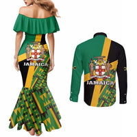 Jamaica Lion Rastafarian Couples Matching Mermaid Dress and Long Sleeve Button Shirt With Kente Pattern