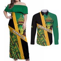 Jamaica Lion Rastafarian Couples Matching Off Shoulder Maxi Dress and Long Sleeve Button Shirt With Kente Pattern - Wonder Print Shop