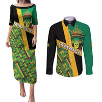 Jamaica Lion Rastafarian Couples Matching Puletasi and Long Sleeve Button Shirt With Kente Pattern - Wonder Print Shop