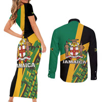 Jamaica Lion Rastafarian Couples Matching Short Sleeve Bodycon Dress and Long Sleeve Button Shirt With Kente Pattern - Wonder Print Shop