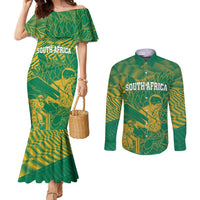 Custom Cricket South Africa Couples Matching Mermaid Dress and Long Sleeve Button Shirt Proteas Go Champion Green Version - Wonder Print Shop