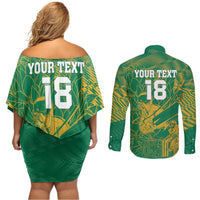 Custom Cricket South Africa Couples Matching Off Shoulder Short Dress and Long Sleeve Button Shirt Proteas Go Champion Green Version - Wonder Print Shop