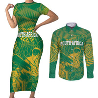Custom Cricket South Africa Couples Matching Short Sleeve Bodycon Dress and Long Sleeve Button Shirt Proteas Go Champion Green Version - Wonder Print Shop