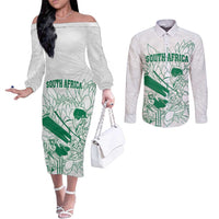 Custom Cricket South Africa Couples Matching Off The Shoulder Long Sleeve Dress and Long Sleeve Button Shirt Proteas Go Champion White Version - Wonder Print Shop