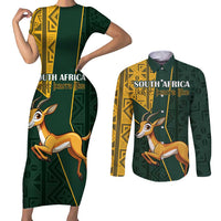 Custom South Africa Springbok Jumping Couples Matching Short Sleeve Bodycon Dress and Long Sleeve Button Shirt With Kente Patterns - Wonder Print Shop