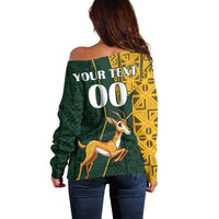 Custom South Africa Springbok Jumping Off Shoulder Sweater With Kente Patterns - Wonder Print Shop