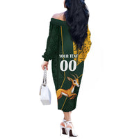 Custom South Africa Springbok Jumping Off The Shoulder Long Sleeve Dress With Kente Patterns - Wonder Print Shop