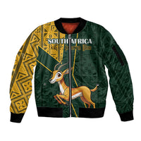 Custom South Africa Springbok Jumping Sleeve Zip Bomber Jacket With Kente Patterns - Wonder Print Shop