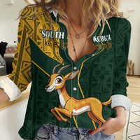 Custom South Africa Springbok Jumping Women Casual Shirt With Kente Patterns - Wonder Print Shop