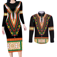 Africa Dashiki Couples Matching Long Sleeve Bodycon Dress and Long Sleeve Button Shirt Embroidery Neckline Floral Pattern - Wonder Print Shop