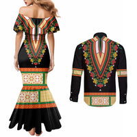Africa Dashiki Couples Matching Mermaid Dress and Long Sleeve Button Shirt Embroidery Neckline Floral Pattern