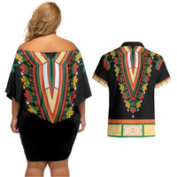 Africa Dashiki Couples Matching Off Shoulder Short Dress and Hawaiian Shirt Embroidery Neckline Floral Pattern - Wonder Print Shop