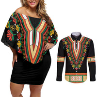 Africa Dashiki Couples Matching Off Shoulder Short Dress and Long Sleeve Button Shirt Embroidery Neckline Floral Pattern - Wonder Print Shop