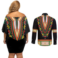 Africa Dashiki Couples Matching Off Shoulder Short Dress and Long Sleeve Button Shirt Embroidery Neckline Floral Pattern - Wonder Print Shop