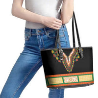 Africa Dashiki Leather Tote Bag Embroidery Neckline Floral Pattern - Wonder Print Shop