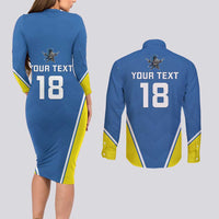 Custom West Knights of Yorkshire Couples Matching Long Sleeve Bodycon Dress and Long Sleeve Button Shirt Skate Hard Hit Harder Blue Version - Wonder Print Shop