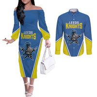 Custom West Knights of Yorkshire Couples Matching Off The Shoulder Long Sleeve Dress and Long Sleeve Button Shirt Skate Hard Hit Harder Blue Version - Wonder Print Shop