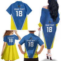 Custom West Knights of Yorkshire Family Matching Off The Shoulder Long Sleeve Dress and Hawaiian Shirt Skate Hard Hit Harder Blue Version - Wonder Print Shop