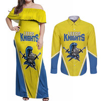 Custom West Knights of Yorkshire Couples Matching Off Shoulder Maxi Dress and Long Sleeve Button Shirt Skate Hard Hit Harder Yellow Version - Wonder Print Shop