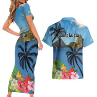 Saint Lucia Pitons Couples Matching Short Sleeve Bodycon Dress and Hawaiian Shirt With Hibiscus Flowers - Wonder Print Shop