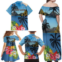 Saint Lucia Pitons Family Matching Off Shoulder Maxi Dress and Hawaiian Shirt With Hibiscus Flowers - Wonder Print Shop