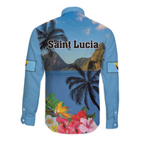 Saint Lucia Pitons Long Sleeve Button Shirt With Hibiscus Flowers - Wonder Print Shop