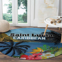 Saint Lucia Pitons Round Carpet With Hibiscus Flowers