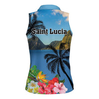 Saint Lucia Pitons Women Sleeveless Polo Shirt With Hibiscus Flowers - Wonder Print Shop