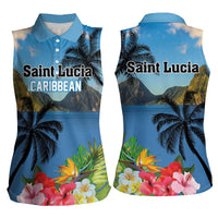 Saint Lucia Pitons Women Sleeveless Polo Shirt With Hibiscus Flowers - Wonder Print Shop