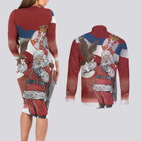 Serbia Santa Christmas Couples Matching Long Sleeve Bodycon Dress and Long Sleeve Button Shirt Christmas Serbian Eagle Flag Style - Wonder Print Shop