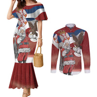 Serbia Santa Christmas Couples Matching Mermaid Dress and Long Sleeve Button Shirt Christmas Serbian Eagle Flag Style - Wonder Print Shop