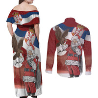 Serbia Santa Christmas Couples Matching Off Shoulder Maxi Dress and Long Sleeve Button Shirt Christmas Serbian Eagle Flag Style - Wonder Print Shop
