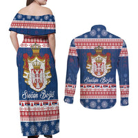 Serbia Christmas Couples Matching Off Shoulder Maxi Dress and Long Sleeve Button Shirt Coat Of Arms Srecan Bozic - Wonder Print Shop