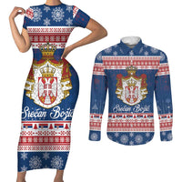 Serbia Christmas Couples Matching Short Sleeve Bodycon Dress and Long Sleeve Button Shirt Coat Of Arms Srecan Bozic - Wonder Print Shop