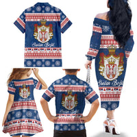 Serbia Christmas Family Matching Off The Shoulder Long Sleeve Dress and Hawaiian Shirt Coat Of Arms Srecan Bozic - Wonder Print Shop