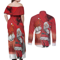 Albania Santa Christmas Couples Matching Off Shoulder Maxi Dress and Long Sleeve Button Shirt Christmas Albanian Eagle Flag Style - Wonder Print Shop