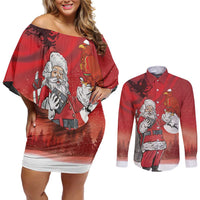 Albania Santa Christmas Couples Matching Off Shoulder Short Dress and Long Sleeve Button Shirt Christmas Albanian Eagle Flag Style - Wonder Print Shop
